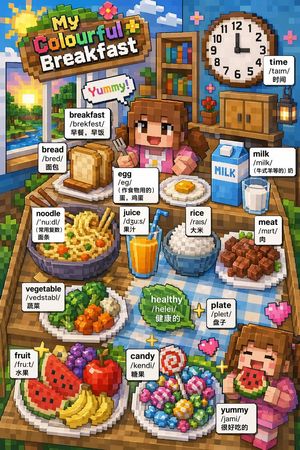 Voxel Art Bilingual Breakfast Vocabulary Poster – GPT Image 2 prompt by 洛克船长