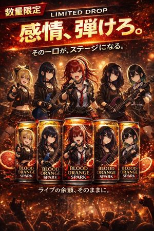 Anime Rock Band Beverage Collab Poster – GPT Image 2 prompt by 久我レイジ｜メタバース映像監督