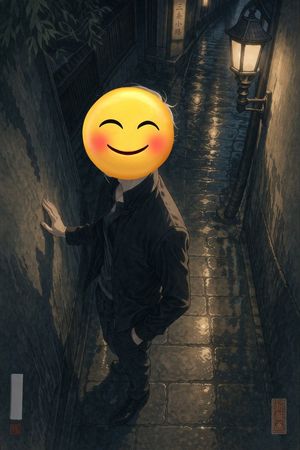 Emoji-Faced Figure in Wet Night Alley – GPT Image 2 prompt by なこ/ChatGPT沼