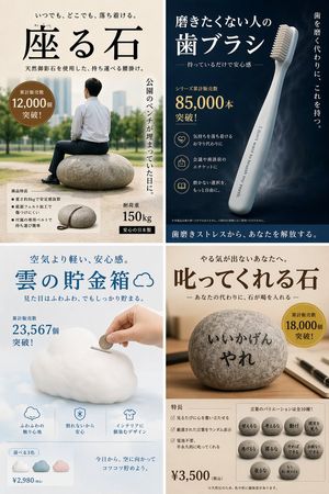 Satirical 4-Panel Product Ads – GPT Image 2 prompt by ふくみー｜人がすり減らない仕組みを設計する人