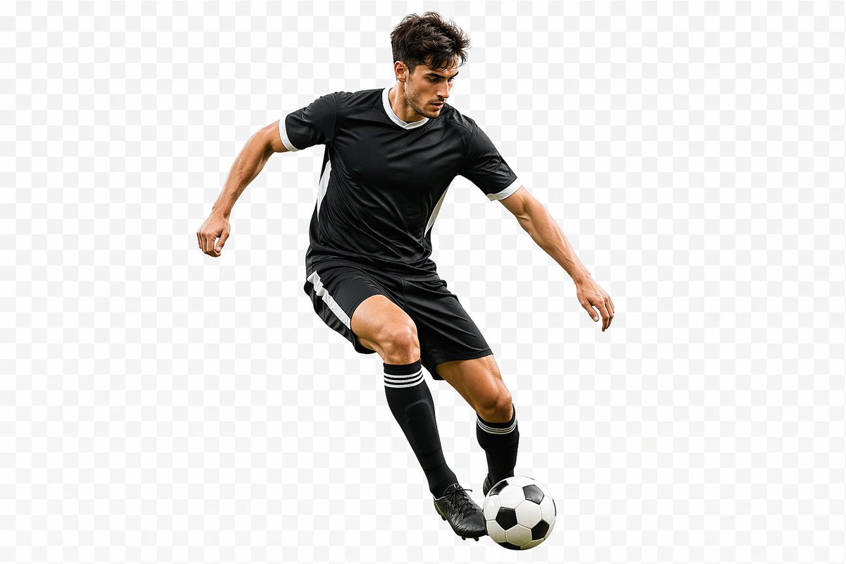 Transparent background soccer player Qwen Image prompt example variation 2: A prompt specifically testing the model's ability to generate PNG-style images with transparency.