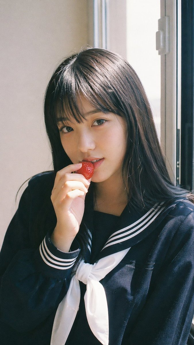 Japanese Fuji Film Style Portrait Qwen Image prompt example: A detailed prompt for creating a realistic analog film-style portrait of a Japanese idol holding a strawberry,...