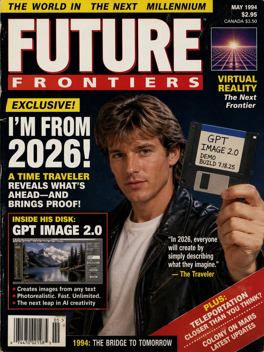 1990s Time Traveler Magazine Cover Qwen Image prompt example: A prompt for a retro magazine cover from the 90s featuring a time traveler discussing future AI.