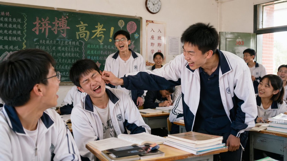 2000s High School Comedy Scene Qwen Image prompt example: A simple prompt to generate a nostalgic comedy scene featuring Chinese high school students during a break in the 2000s.