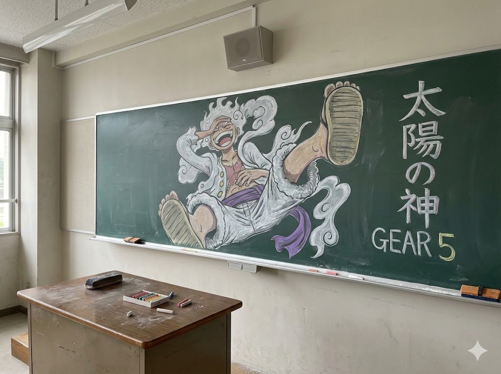 Japanese Classroom Gear 5 Chalk Art Qwen Image prompt example: This prompt generates a photorealistic empty classroom scene featuring a large anime-inspired chalkboard mural,...