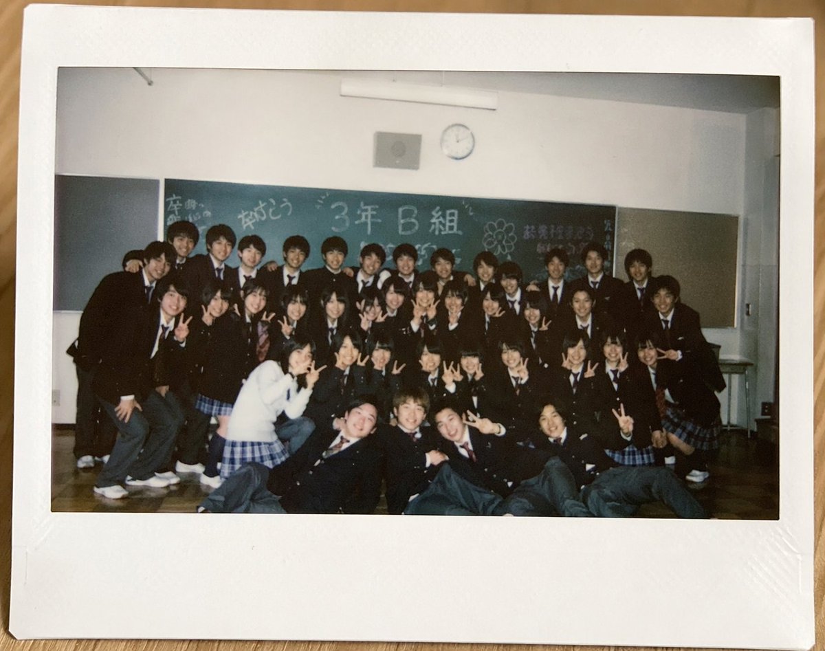 Polaroid of Japanese Class Graduation Photo Qwen Image prompt example: This prompt generates a nostalgic realistic instant-film photograph of a Japanese high school class group...