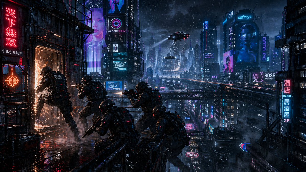 Cyberpunk Rooftop Breach Raid Qwen Image prompt example: This prompt generates a dramatic wide cyberpunk action scene of a five-person tactical team breaching a door on a rainy...