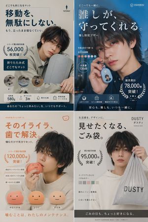 Japanese Ikemen Product Ad Grid – GPT Image 2 prompt by た〜や｜AI副業ワーママ