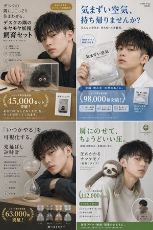 Japanese Absurd Lifestyle Ad Grid – GPT Image 2 prompt by た〜や｜AI副業ワーママ