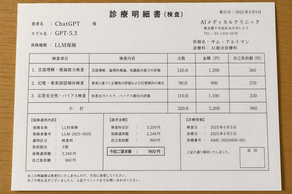 Japanese AI Clinic Billing Statement Qwen Image prompt example: A realistic parody medical statement in Japanese for an AI model, useful for creating humorous clinic-style...