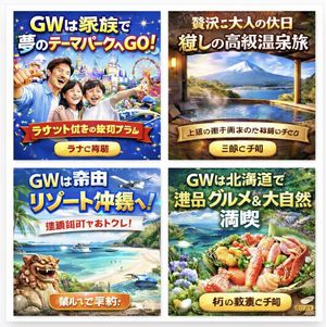 Four Japanese Travel Ad Panels – GPT Image 2 prompt by じぇい💊利回りカレンダー運営