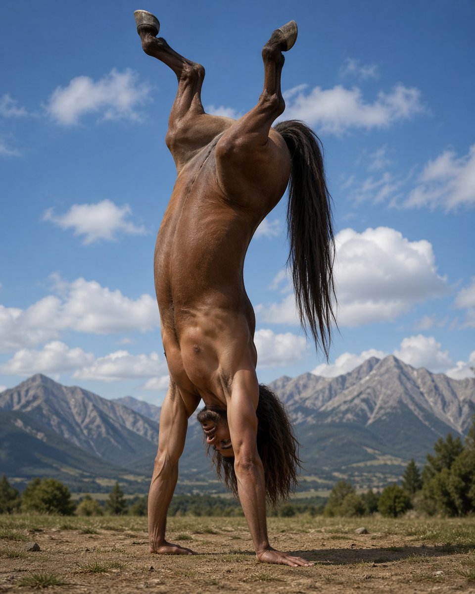 Centaur handstand prompt for GPT Image 2 的 Qwen Image 提示词示例图 变化图 2：A simple test prompt for GPT Image 2 attempting to generate a centaur performing a handstand.