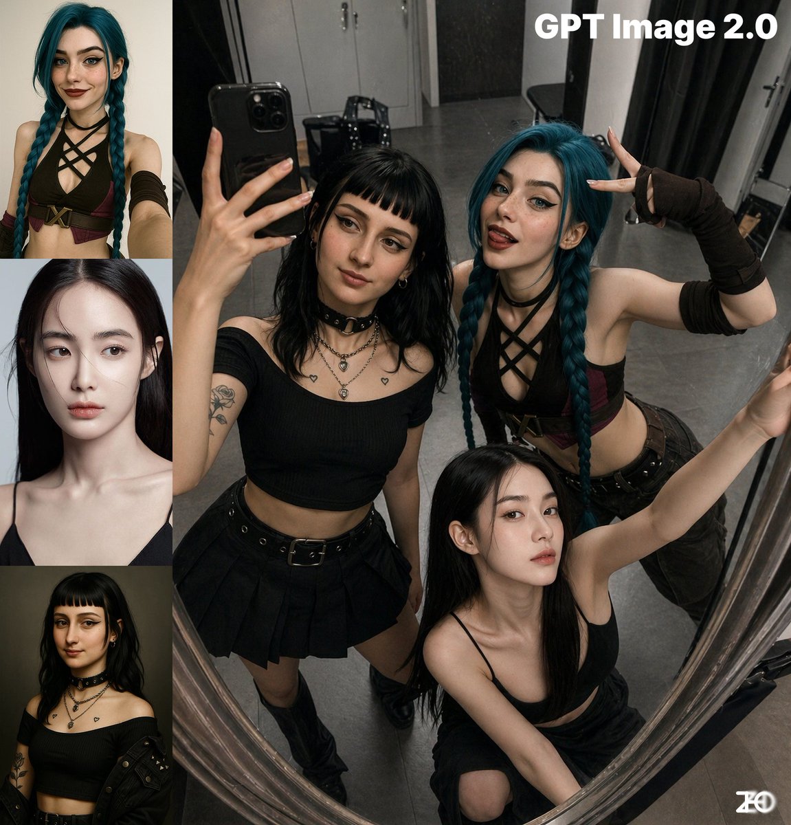 Top-View Mirror Selfie Qwen Image prompt example: A prompt for a group photo taken from a high angle in front of a mirror with exaggerated poses.