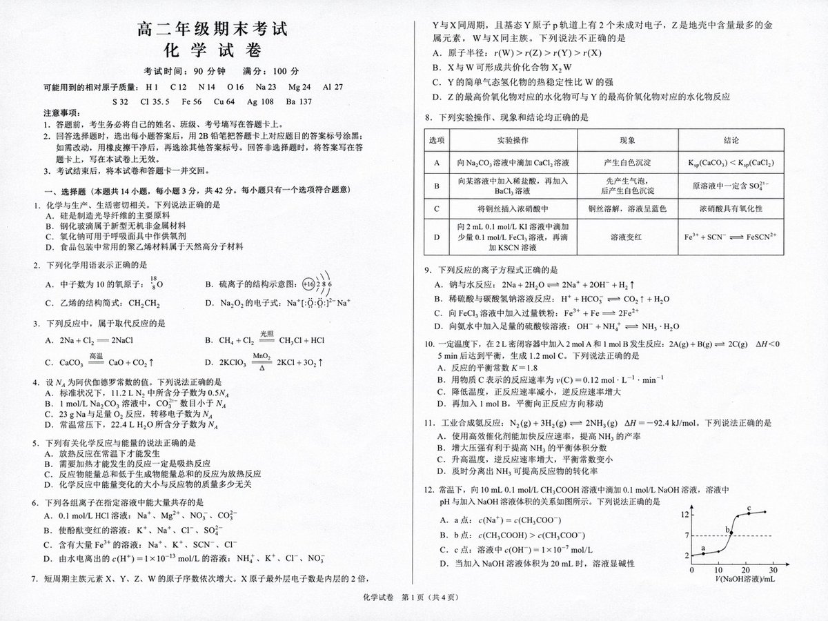 High School Chemistry Exam Simulation Qwen Image prompt example: A prompt to generate a realistic scanned image of a Chinese high school chemistry final exam paper with specific...
