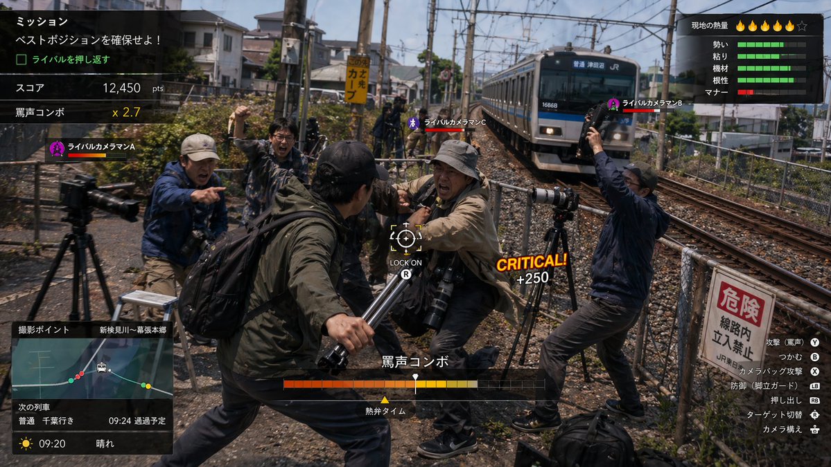 Train Photography Game Simulation Qwen Image prompt example variation 3: Generates a screen capture from a fictional video game focused on the theme of train spotting photography.