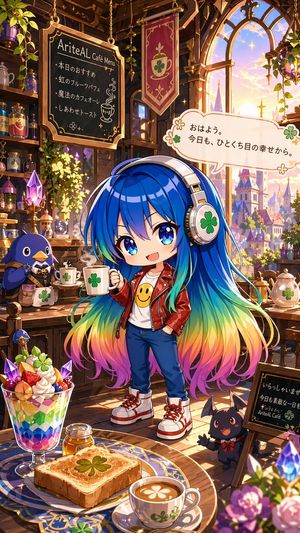 Chibi Rainbow Girl in Fantasy Cafe – GPT Image 2 prompt by AriteAL /ありてある