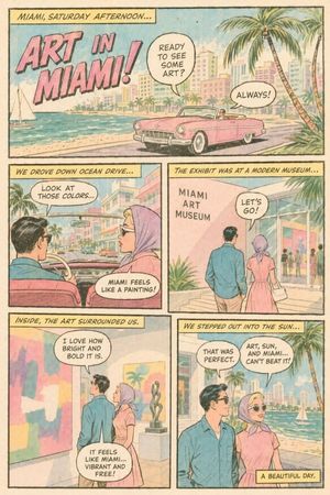 Vintage Miami Art Date Comic Page – GPT Image 2 prompt by DGL.ru