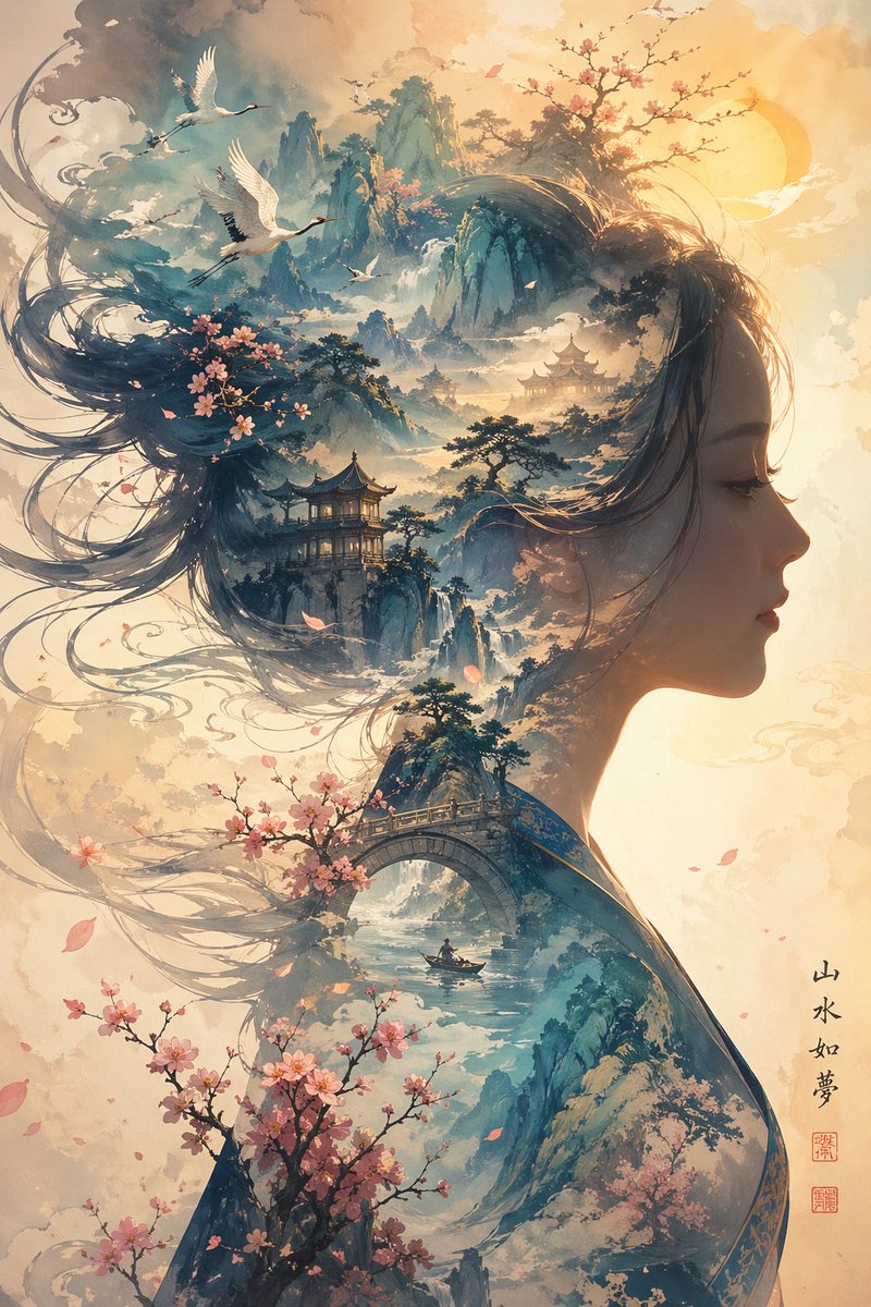 Dreamy Shanshui Landscape Woman Silhouette