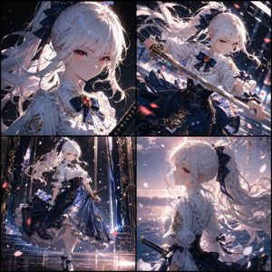 White-Haired Anime Swordswoman Collage – GPT Image 2 prompt by ユキノ❄ AIart