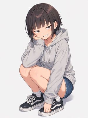 Anime Girl Squatting in Oversized Hoodie – GPT Image 2 prompt by みちアキ