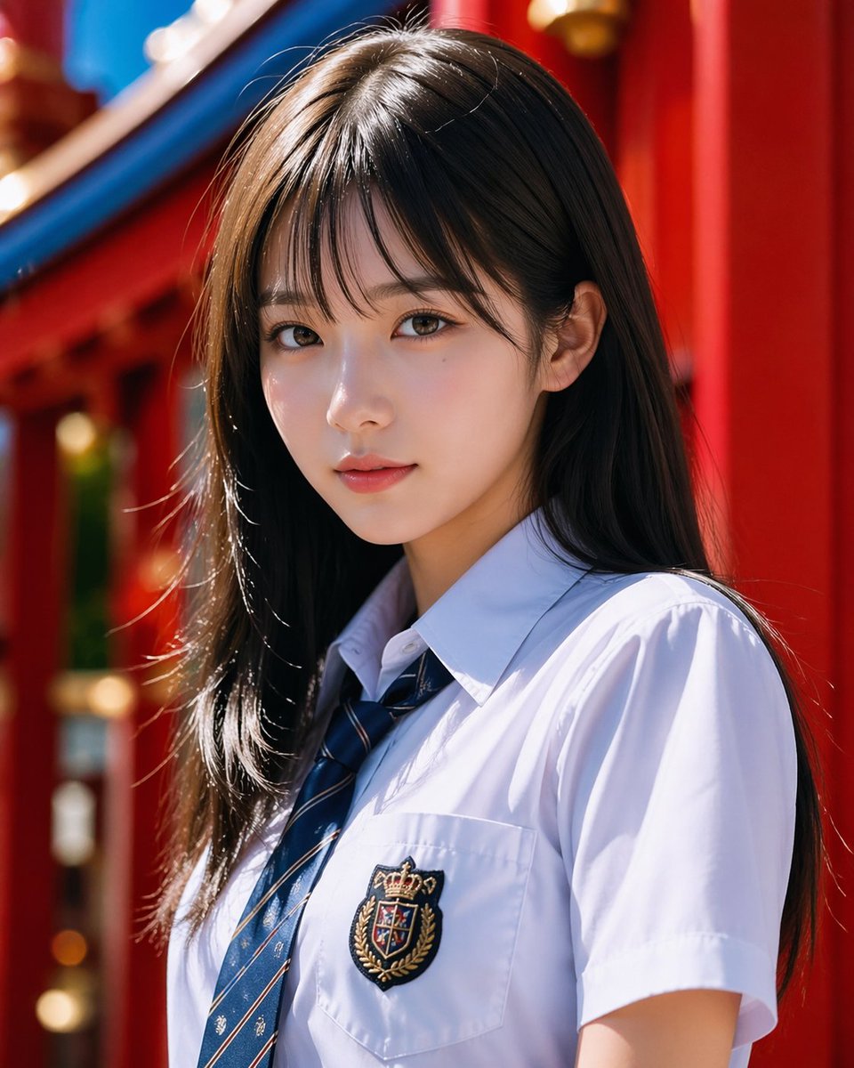 Photorealistic School Uniform Portrait at Red Shrine
