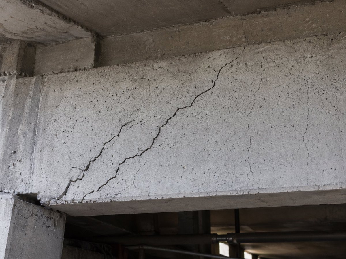 Realistic Cracked Concrete Beam Qwen Image prompt example: This prompt generates a realistic structural inspection-style image of a damaged concrete beam, suitable for civil...