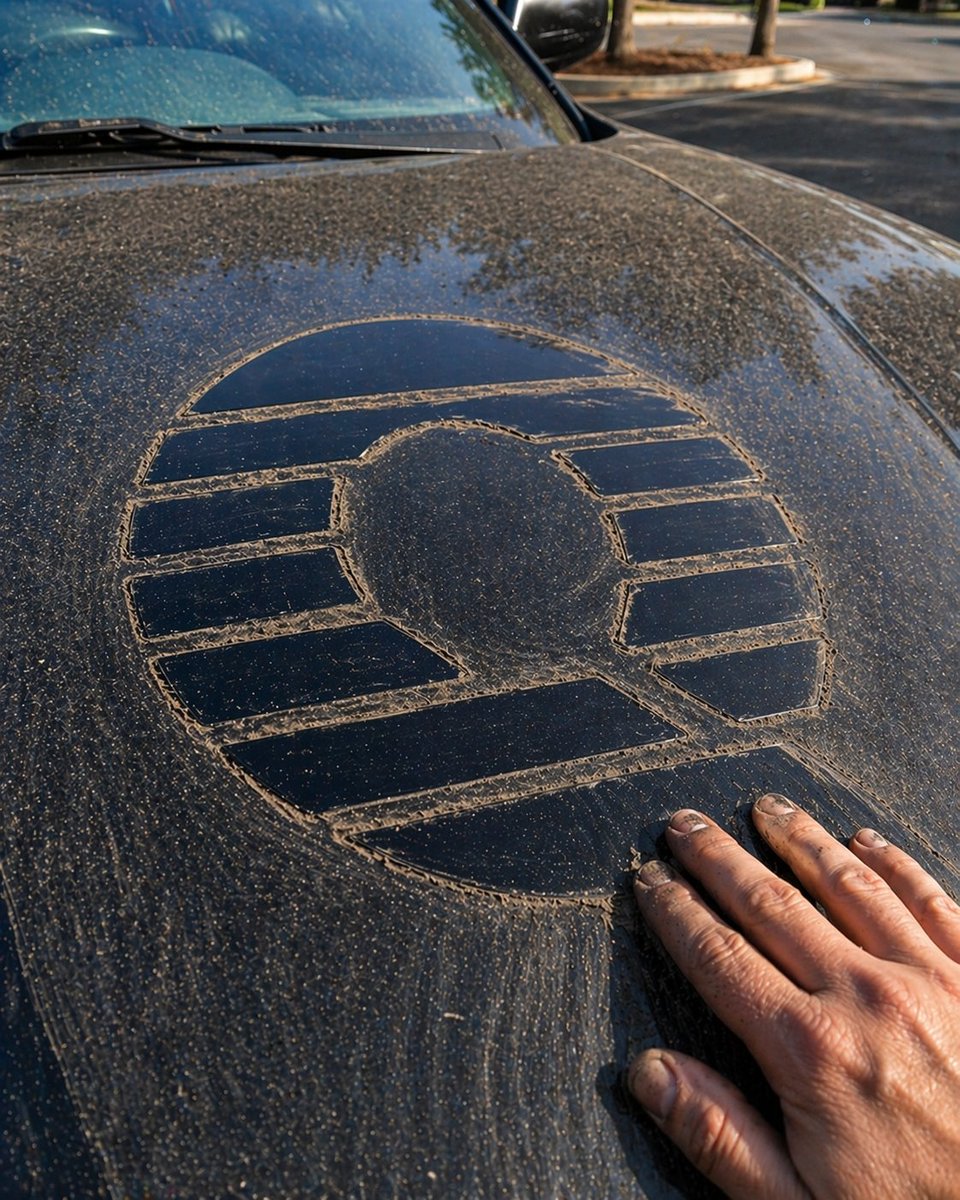 Dust-Drawn Symbol on Car Hood Qwen Image prompt example: This prompt generates a realistic close-up photo of a dusty car hood with a large hand-drawn emblem, useful for...