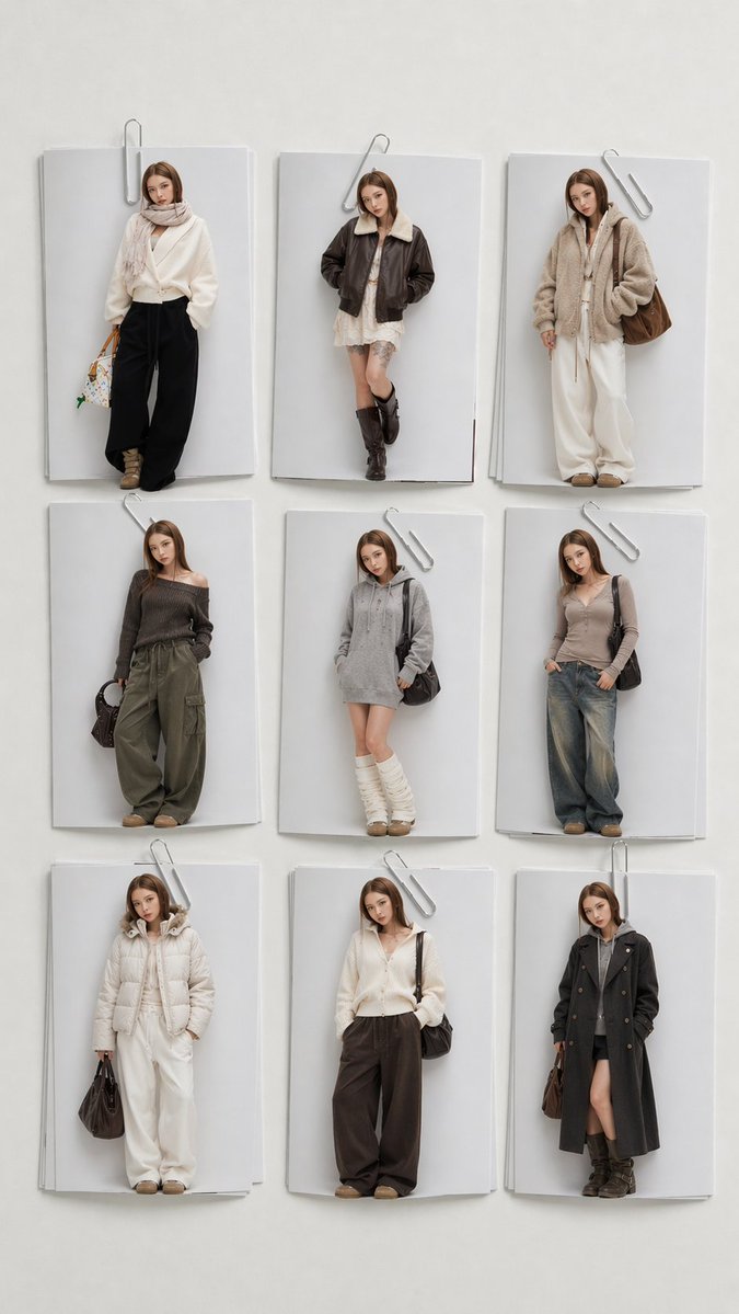 Minimalist 9-Look Fashion Collage Qwen Image prompt example: A photorealistic 3x3 fashion lookbook prompt for generating a neutral-toned outfit collage styled like editorial...