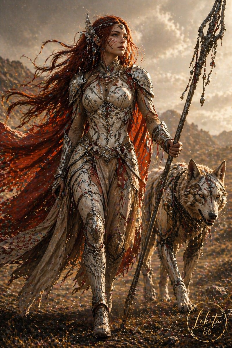 Fierce Fantasy Female Warrior with Wolf