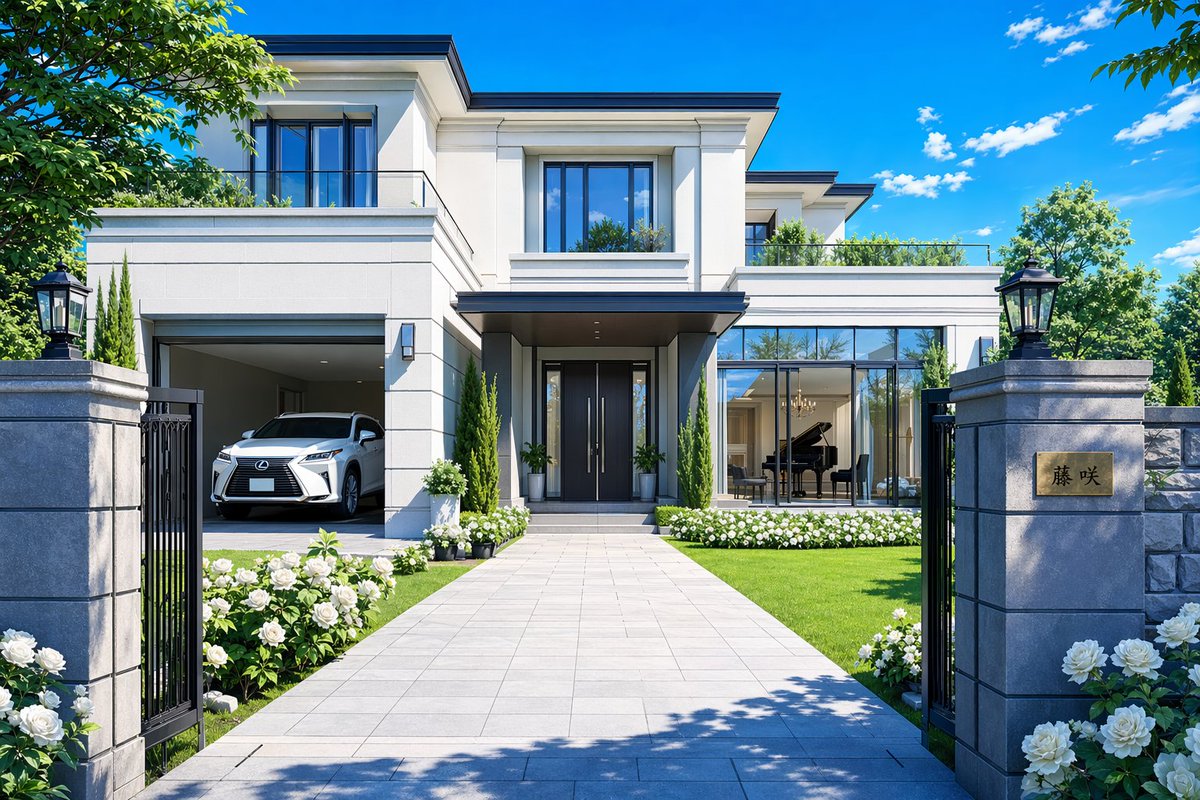 Modern Luxury Mansion Exterior Qwen Image prompt example: This prompt generates a polished photorealistic front-view image of an upscale contemporary mansion, ideal for luxury...