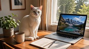 Sunlit Desk with White Cat and Laptop – GPT Image 2 prompt by moz