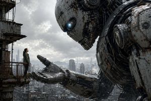 Giant Robot Meets Woman on Balcony – GPT Image 2 prompt by WaveSpeedAI