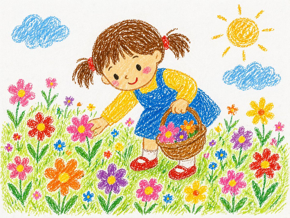 Crayon Style Drawing Prompt Qwen Image prompt example: A prompt for generating nostalgic crayon-style illustrations with soft textures and playful, hand-drawn imperfections.