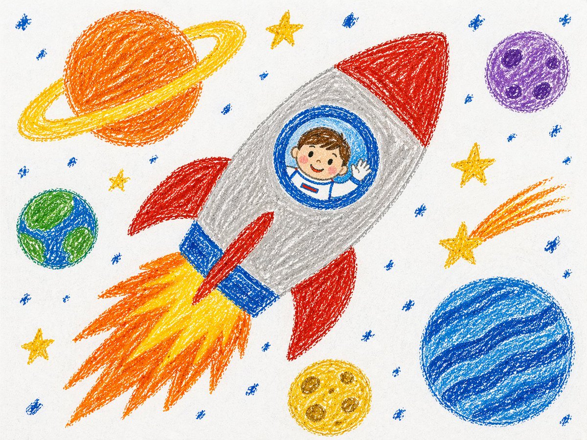 Crayon Style Drawing Prompt Qwen Image prompt example variation 4: A prompt for generating nostalgic crayon-style illustrations with soft textures and playful, hand-drawn...