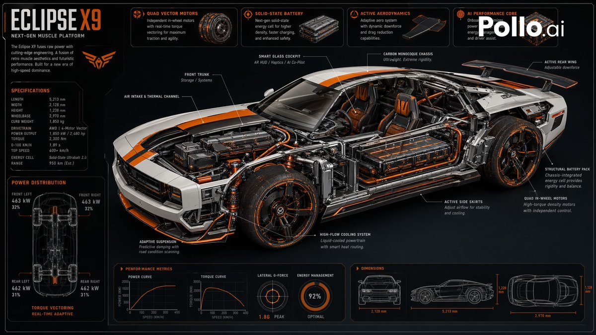 Futuristic Muscle Car Infographic Qwen Image prompt example: A prompt for generating a detailed infographic of a futuristic muscle car, featuring a cutaway view and technical...