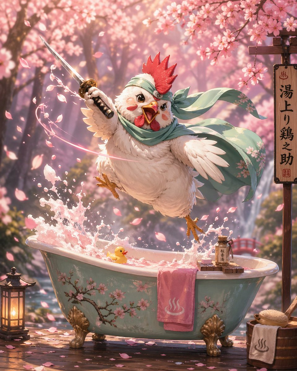 Samurai Chicken Bathtime Portrait Qwen Image prompt example: An anime-style prompt featuring a warrior chicken with a katana amidst cherry blossoms, blending cute and action...