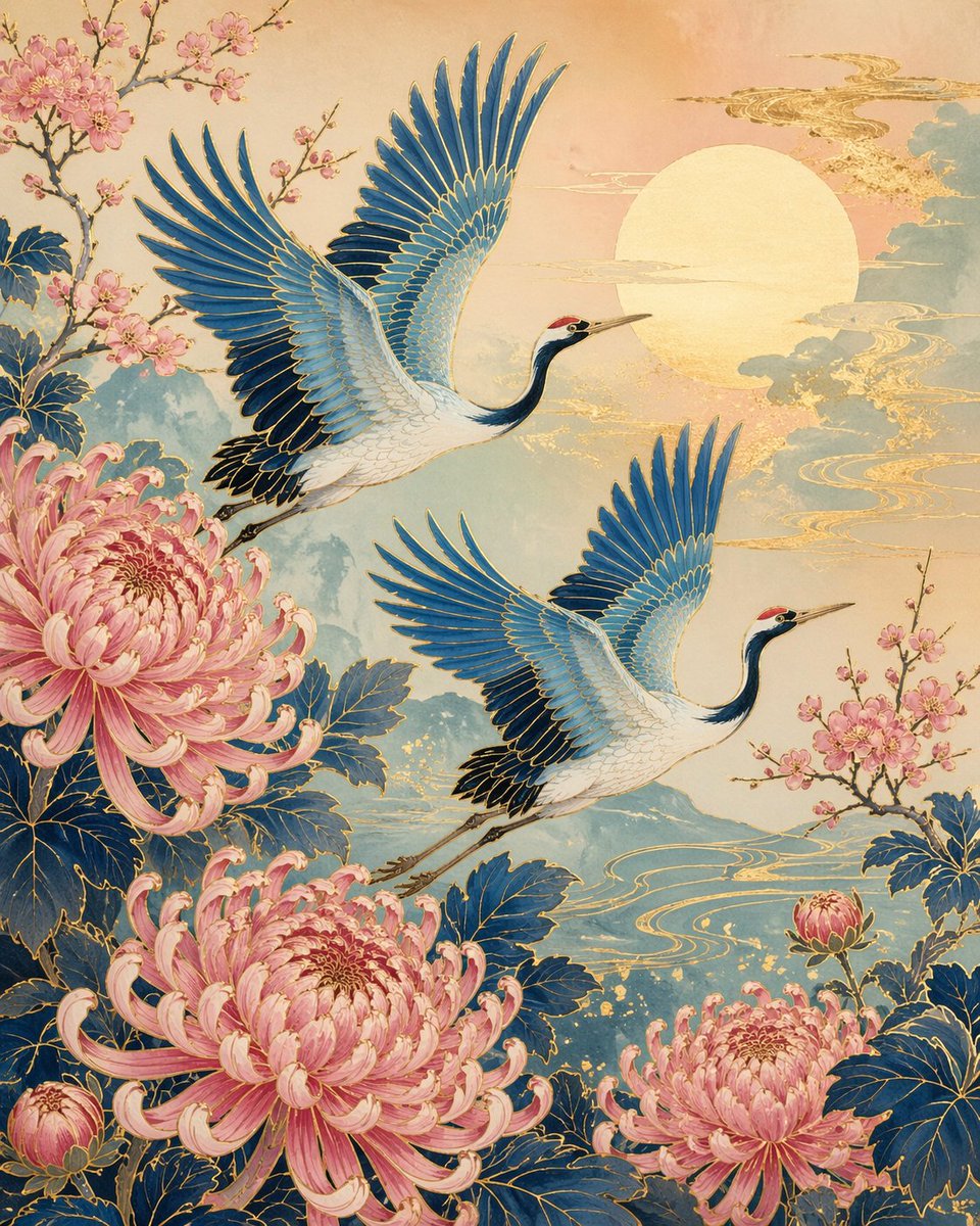 Japanese Crane and Chrysanthemum Art Qwen Image prompt example: A detailed prompt for creating traditional Japanese-style art featuring blue cranes and pink chrysanthemums with...