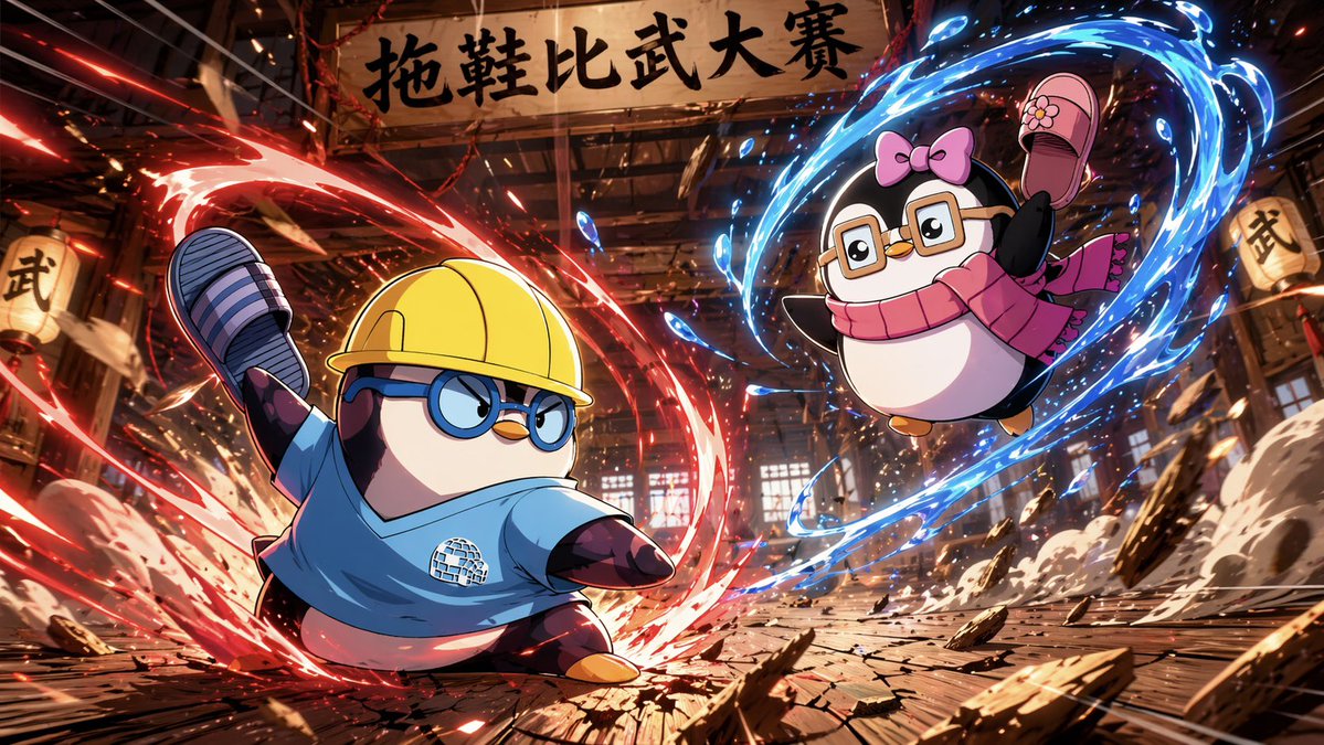 Penguin Martial Arts Dojo Duel Qwen Image prompt example: A dynamic anime-style illustration prompt for a martial arts battle between two penguins in a traditional dojo featuring...