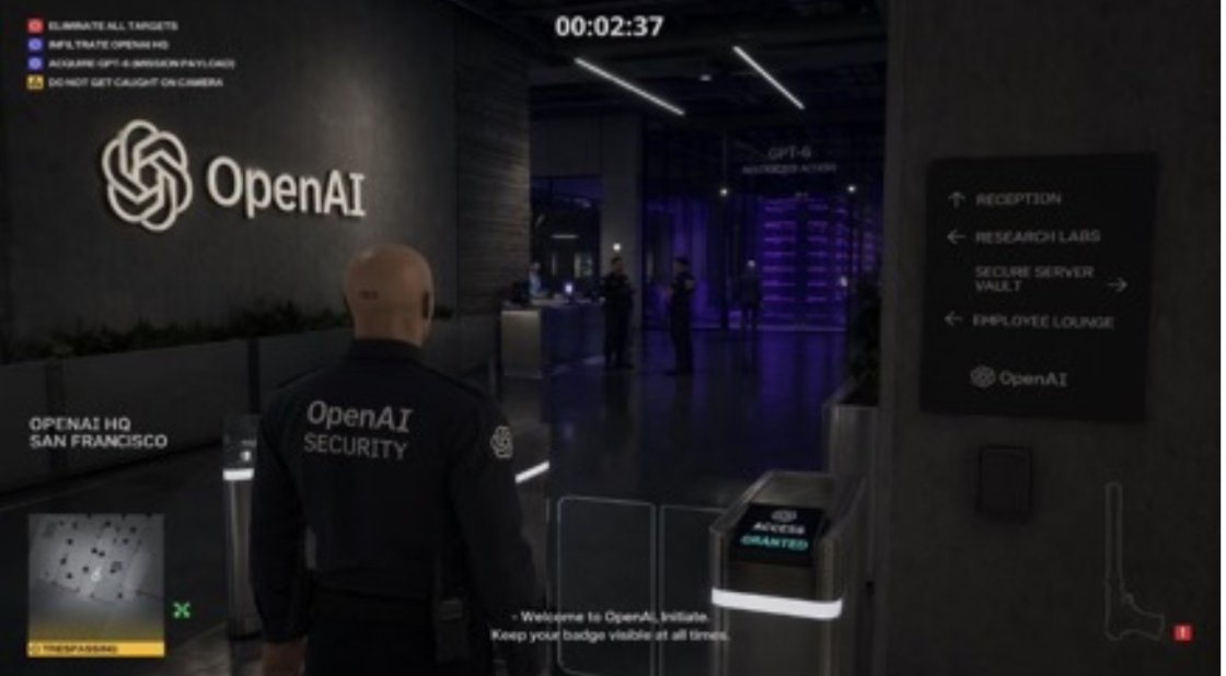 Hitman Game Screenshot Prompt Qwen Image prompt example: Creates a stylized video game screenshot depicting a fictional mission to infiltrate OpenAI headquarters in the style of...