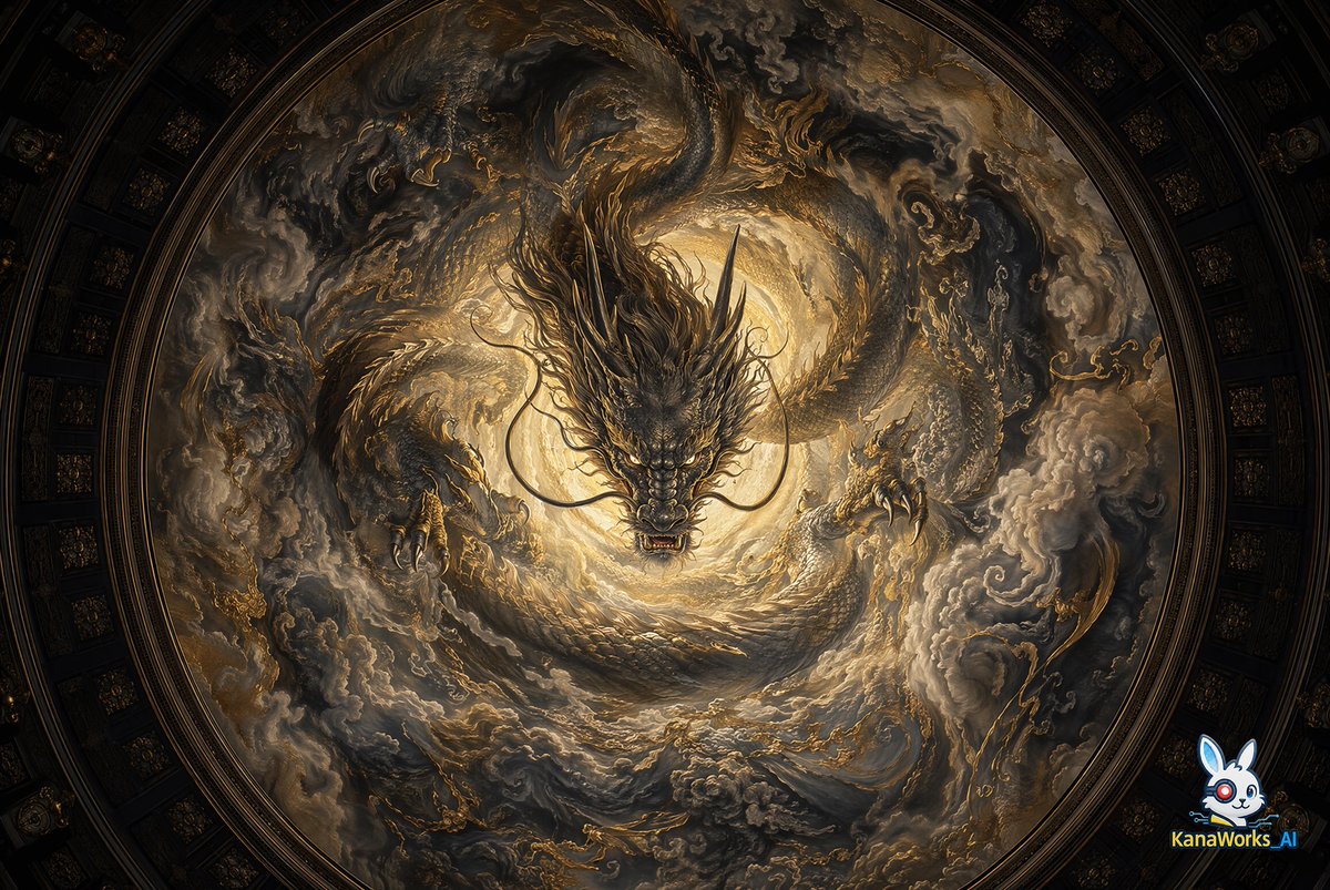Museum-grade Crying Dragon Dome Mural Qwen Image prompt example: A high-end prompt for generating a centered, circular dome ceiling mural of a dragon, inspired by traditional...