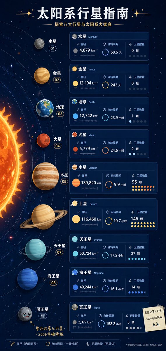 Solar System Infographic Poster Qwen Image prompt example: A complex prompt for a vertical infographic poster of the solar system, including specific data cards and personality...