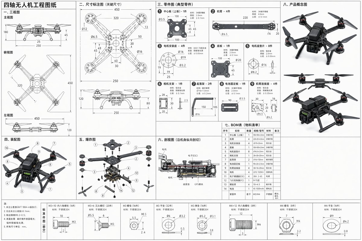 Technical Drone Engineering Blueprint Qwen Image prompt example: A complex prompt for generating a detailed 4-axis drone engineering drawing, including assembly views, exploded...