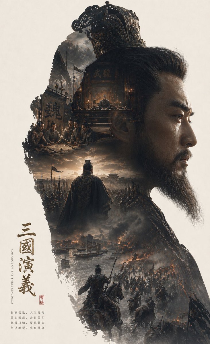 Epic Narrative Silhouette Movie Poster Qwen Image prompt example variation 3: A complex structural prompt that uses a character's silhouette as a container for an entire...