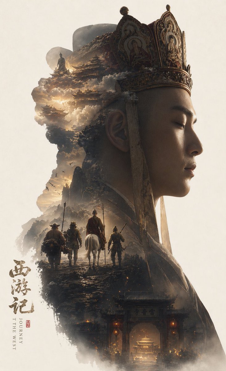 Epic Narrative Silhouette Movie Poster Qwen Image prompt example variation 2: A complex structural prompt that uses a character's silhouette as a container for an entire...