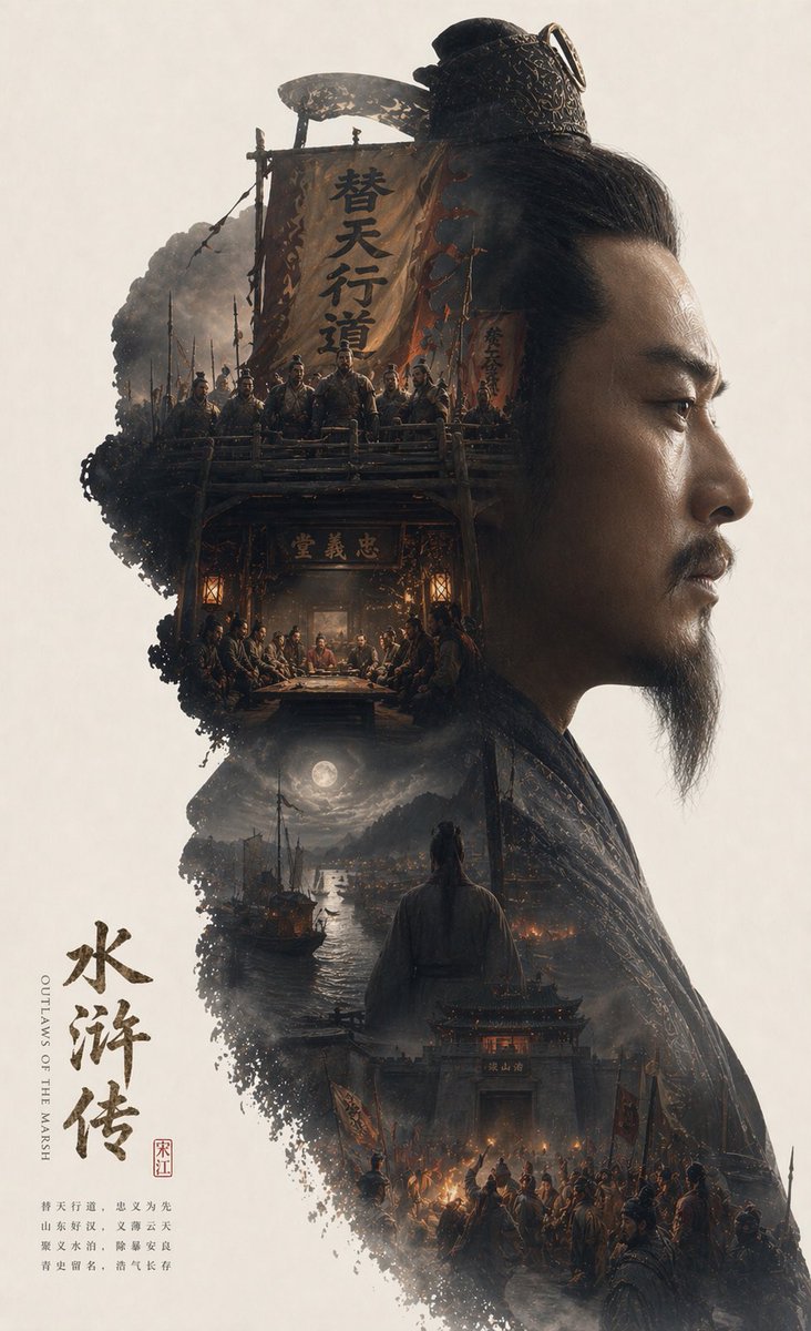 Epic Narrative Silhouette Movie Poster Qwen Image prompt example variation 4: A complex structural prompt that uses a character's silhouette as a container for an entire...