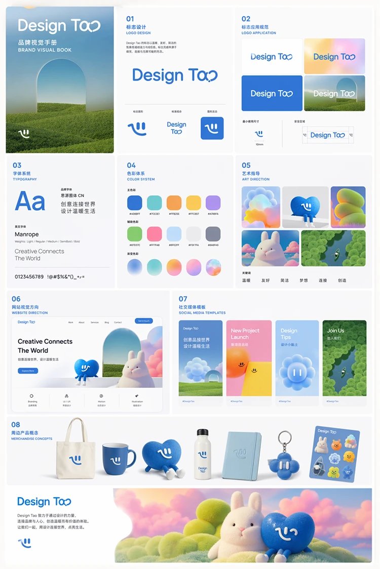 Futuristic Brand Visual Manual Qwen Image prompt example variation 3: A detailed prompt for creating a sophisticated brand visual manual that balances toy-like energy with...