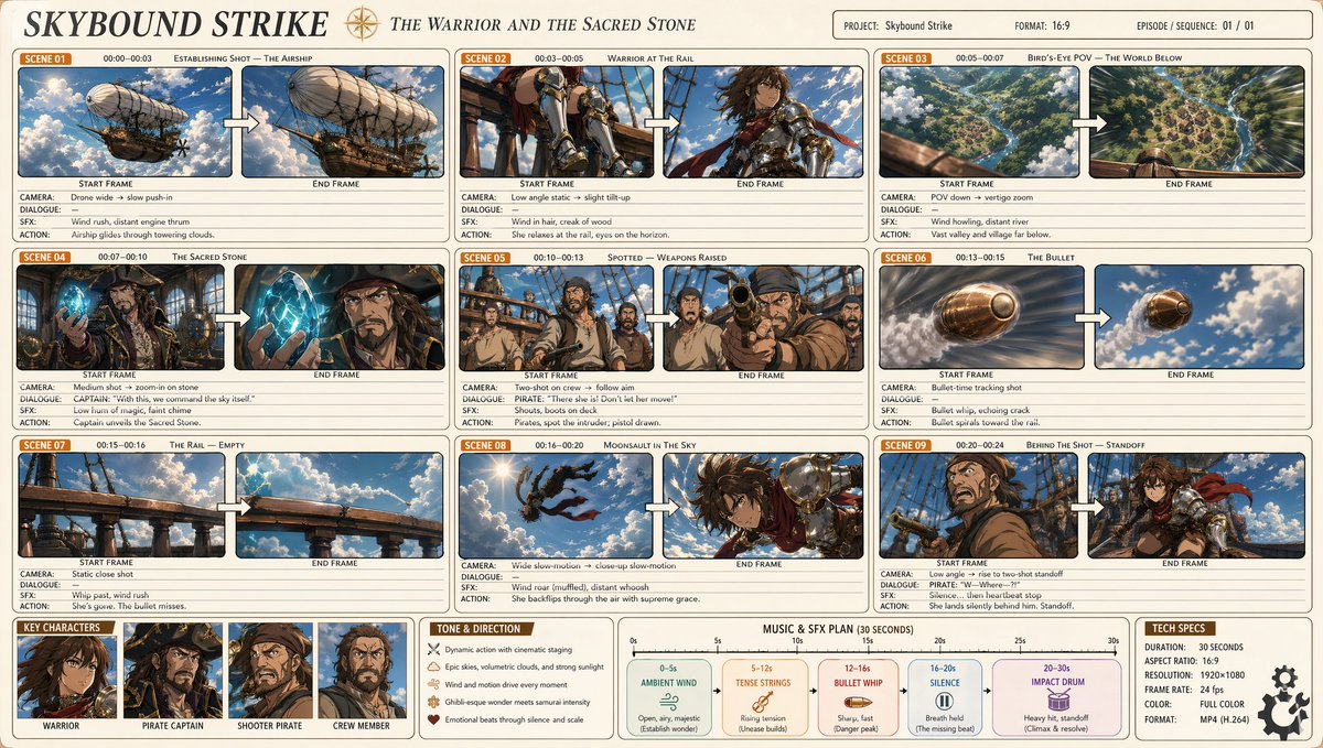 Professional Anime Cinematic Storyboard Qwen Image prompt example: A highly detailed prompt for generating a professional 9-panel anime storyboard, featuring complex character...