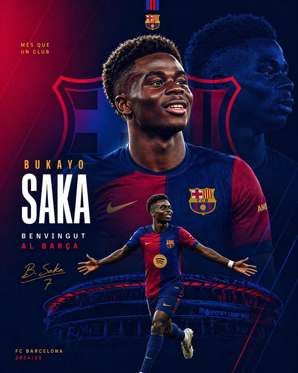 Barcelona Transfer Poster for Saka Qwen Image prompt example: A cinematic football transfer announcement poster showing Bukayo Saka in FC Barcelona colors, ideal for social media...