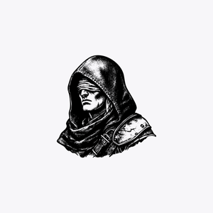 Hooded Rogue with Blurred Face — A minimalist monochrome fantasy portrait on a flat light gray background, centered with lots of empty negative space around the