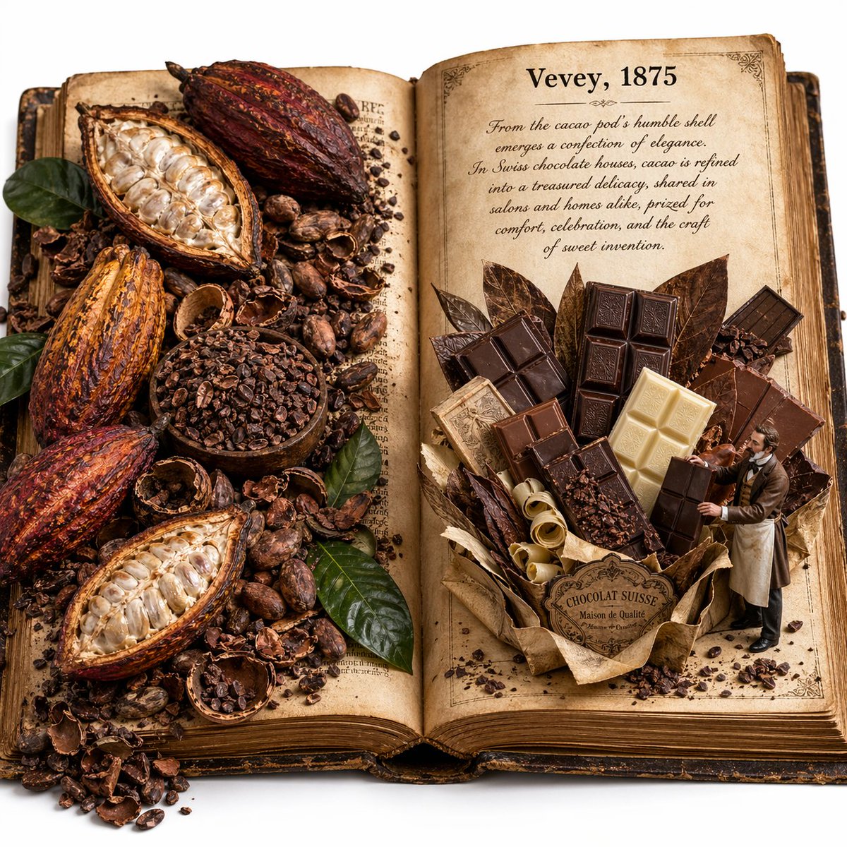 Edible History Pop-Up Chocolate Book Qwen Image prompt example: A photoreal macro editorial image of an antique open book transformed into a whimsical cocoa-and-Swiss-chocolate...